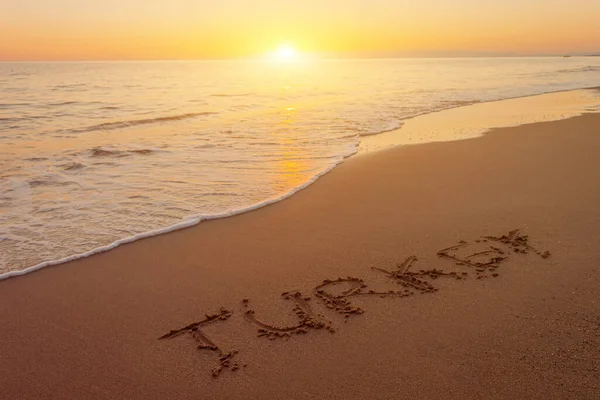 Inscription Turkey Sand Mediterranean Sea Beach Evening Sunset Rest Antalya — Stock Photo, Image