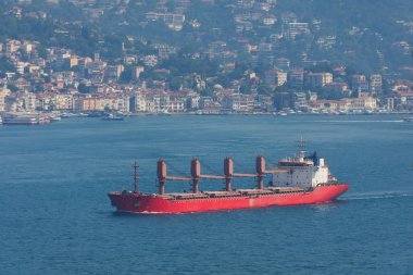 Boğaz 'ın havadan görünüşü. Uluslararası kargo ve yolcu taşıyan gemi