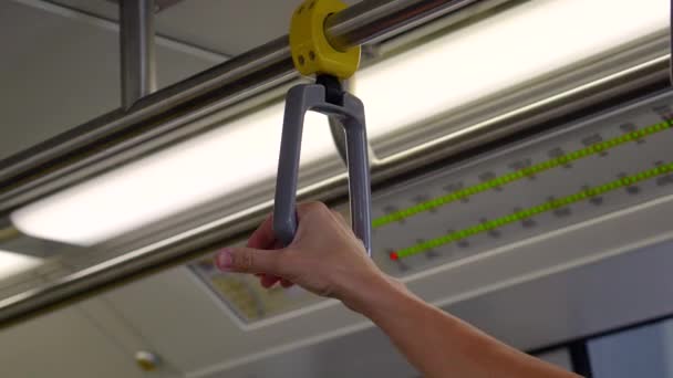 Close Hand Tourist Holding Handrail Train Rail Road — Stock Video