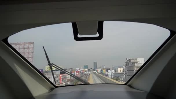 Uitzicht Binnen Voorruit Bestuurder Cockpit Cabine Bedieningspaneel Passagier Monorail Lijn — Stockvideo