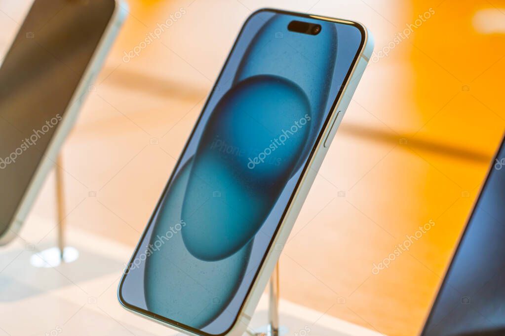 Apple smartphone blue display iPhone 15 Pro plus. Thailand, Bangkok, 24 February 2024