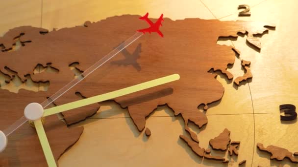 世界地図飛行機のタイムゾーン 2番手 大陸を横断する時間飛行 ジェットラグ アクリメーション バイオリズムの概念 アメリカ ヨーロッパ アジア アフリカの世界 — ストック動画