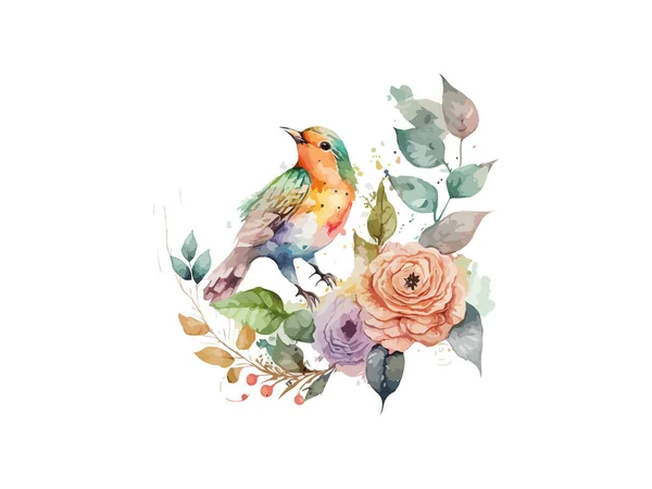 水彩鳥と雀ベクトルイラストリアルな手描き絵画 葉や花で飾られた枝に 白の隔離された背景 — ストックベクタ