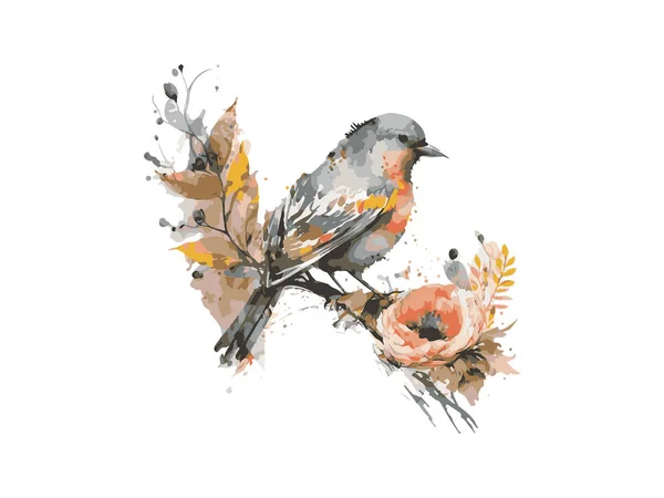 Suluboya Kuş Serçe Vektör Çizimi Gerçekçi Çizimi Yapraklar Çiçeklerle Süslenmiş — Stok Vektör
