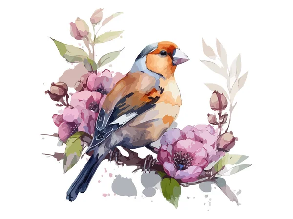 水彩鳥と雀ベクトルイラストリアルな手描き絵画 葉や花で飾られた枝に 白の隔離された背景 — ストックベクタ