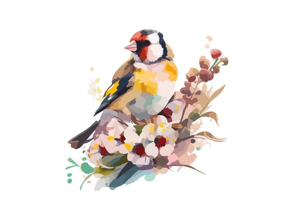 水彩鸟和麻雀矢量画图写实手绘画图 在叶和花装饰的树枝上 白色孤立的背景 — 图库矢量图片