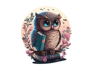 Wise owl with glasses sitting on a book, Cosmic background with moon and stars decorated by flower frame in white background clipart