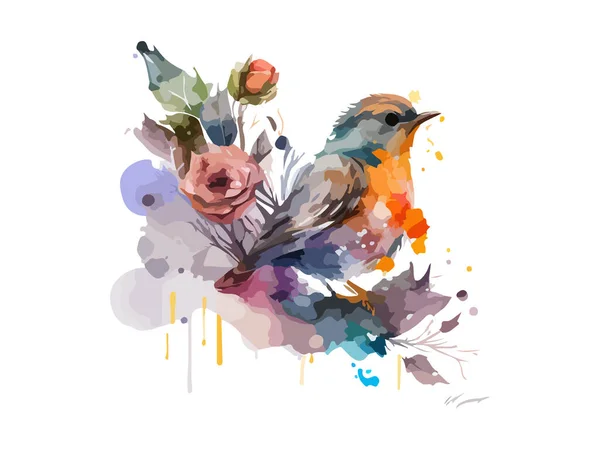 水彩鸟和麻雀矢量画图写实手绘画图 在叶和花装饰的树枝上 白色孤立的背景 — 图库矢量图片