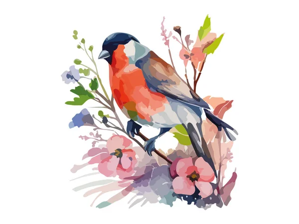 水彩鳥と雀ブルフィンチベクトルイラストリアルな手描き絵画 葉や花で飾られた枝に 白の隔離された背景 — ストックベクタ