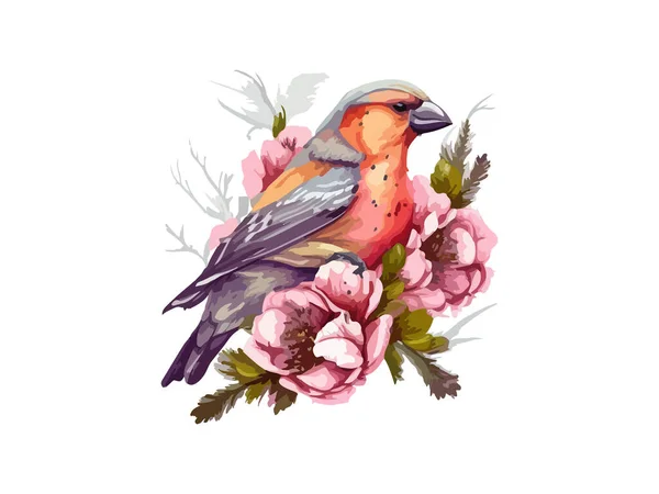 水彩画红十字鸟麻雀画图写实手绘画图 在叶和花装饰的树枝上 白色孤立的背景 — 图库矢量图片
