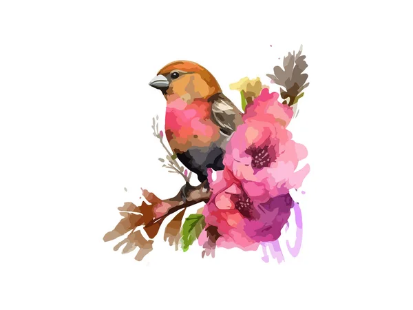 水彩画红十字鸟麻雀画图写实手绘画图 在叶和花装饰的树枝上 白色孤立的背景 — 图库矢量图片