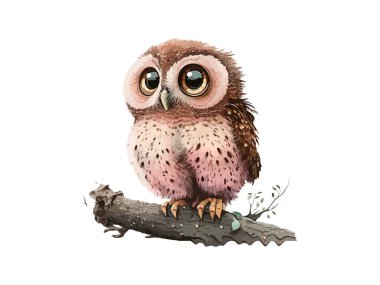 Cute and adorable watercolor owl bird, glowing path, with big eyes vector illustration clipart