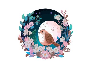 Cute dove colorful watercolor, decorated by flowers and leaves glowing path, doodle and realistic, vector illustration. clipart