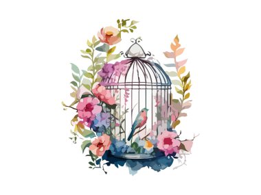 Flowered bird cage watercolor vector illustration, white background clipart
