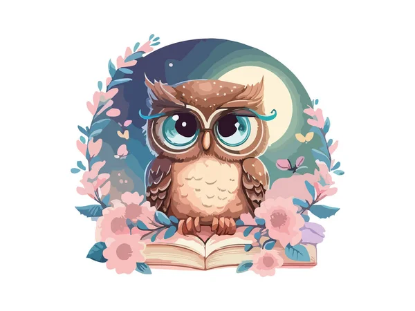 聪明的猫头鹰 戴着眼镜坐在书本上 宇宙的背景是月亮和星光点缀的白色背景 — 图库矢量图片