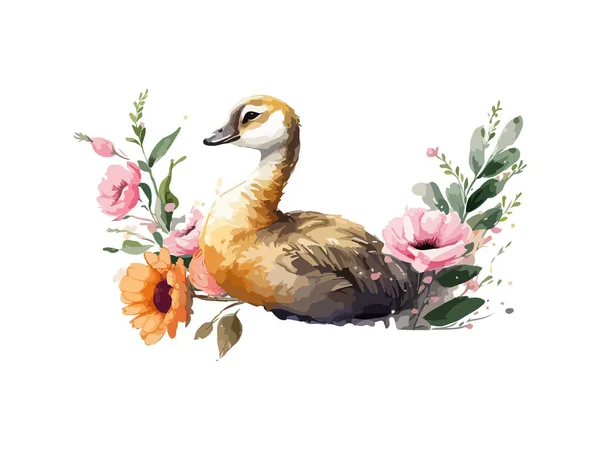 Roztomilý Akvarel Kachna Zdobené Květiny Vektor Izolované Bílém Pozadí — Stockový vektor