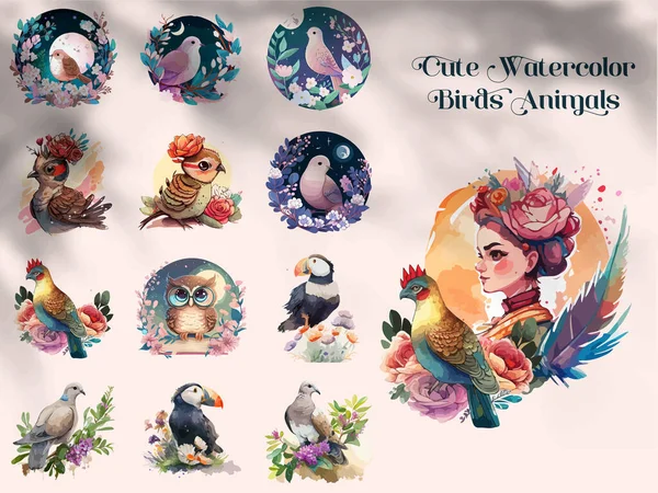 Pássaro Conjunto Animal Coruja Pomba Pássaro Paradisíaco Francês Partridge Watercolor — Vetor de Stock