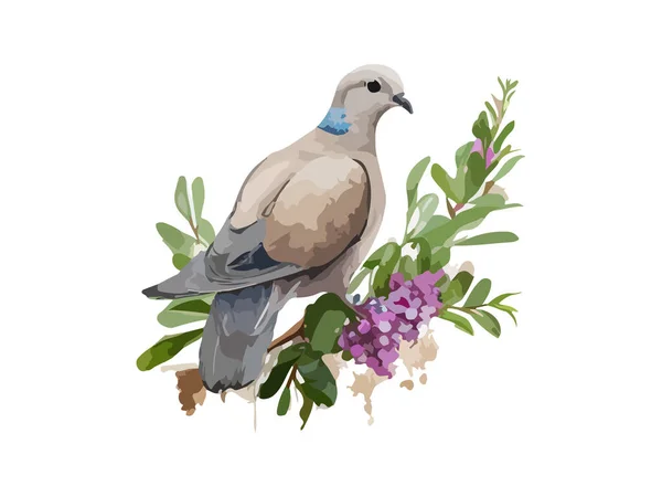 비둘기의 눈부시게 아름다운 나뭇잎으로 장식된 낙서와 현실적 일러스트 — 스톡 벡터