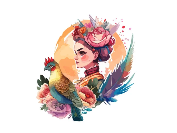 白い背景に隔離された楽園の鳥 水彩で花で飾られた美しい女性の肖像画 — ストックベクタ