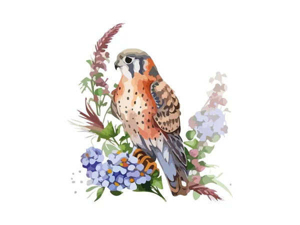 Suluboya Şahin Kuşu Çiçeklerle Süslenmiş Vektör Ilüstrasyonu — Stok Vektör