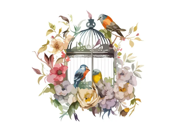 Illustration Vectorielle Aquarelle Cage Oiseau Fleuri Fond Blanc — Image vectorielle