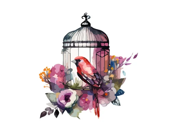 Kvetoucí Ptačí Klec Akvarel Vektorové Ilustrace Bílé Pozadí — Stockový vektor