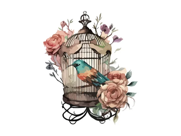 Illustration Vectorielle Aquarelle Cage Oiseau Fleuri Fond Blanc — Image vectorielle