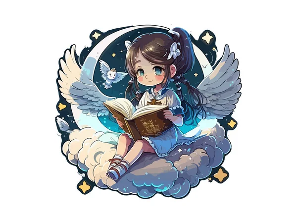 Cute Fairy Siedzi Księżycu Nocy Wektor Ilustracji — Wektor stockowy