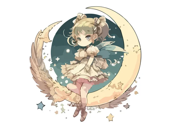 かわいい妖精は夜に月に座って ベクトルイラスト — ストックベクタ