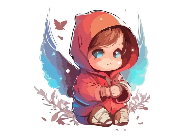 Red Hoodie Little Baby Fairy Sitting Wings Decorated Flowers Cosmic — Stock Vector