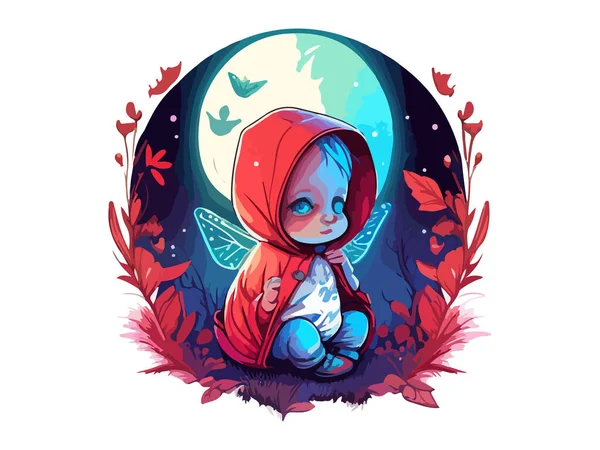Red Hoodie Kleine Baby Fairy Zittend Met Vleugels Versierd Met — Stockvector