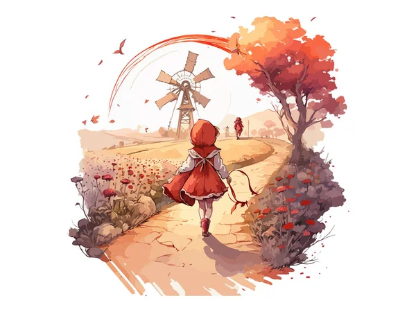 Красная Девушка Толстовке Прогулка Сельской Дороге Векторная Иллюстрация — стоковый вектор