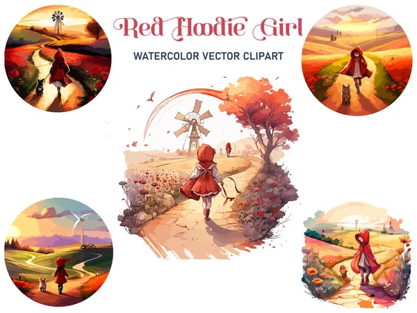Červená Mikina Dívka Kráčející Venkovské Silnici Vektorová Ilustrace — Stockový vektor