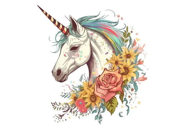 Acuarela Unicornio Floral Ilustración Vectorial — Vector de stock