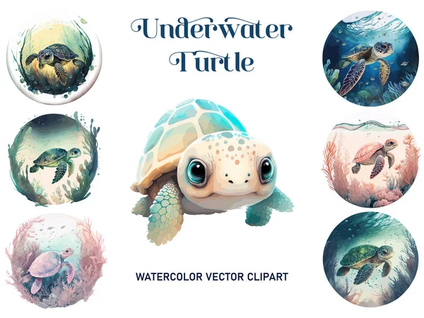 stock vector watercolor turtle with underwater seascape, vector illustration