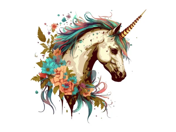 Acuarela Unicornio Floral Ilustración Vectorial — Vector de stock