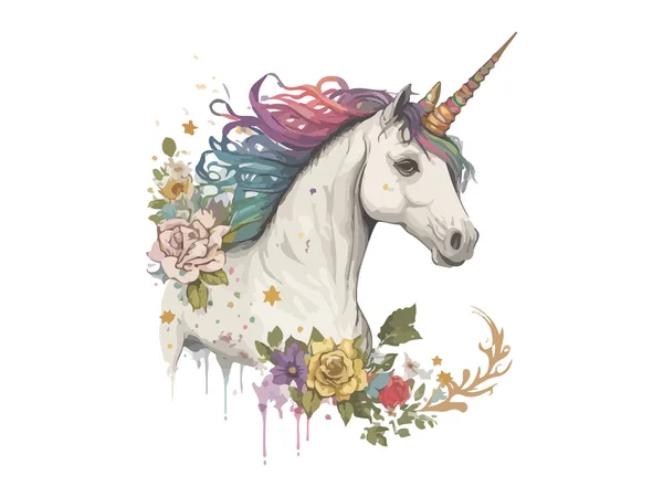 Acuarela Unicornio Floral Ilustración Vectorial — Archivo Imágenes Vectoriales
