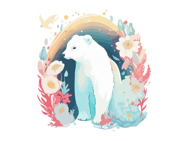 Χαριτωμένο Πολική Αρκούδα Floral Ακουαρέλα Διανυσματική Απεικόνιση — Διανυσματικό Αρχείο