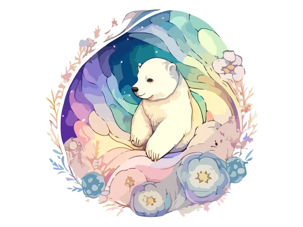 Милий Білий Ведмідь Квіткою Акварель Векторні Ілюстрації — стоковий вектор