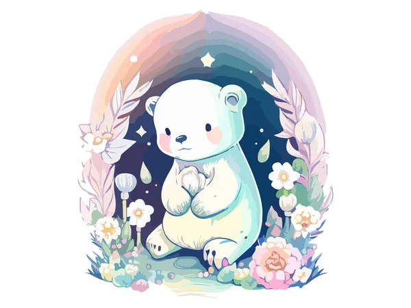 Urso Polar Bonito Com Ilustração Floral Vetor Aquarela — Vetor de Stock