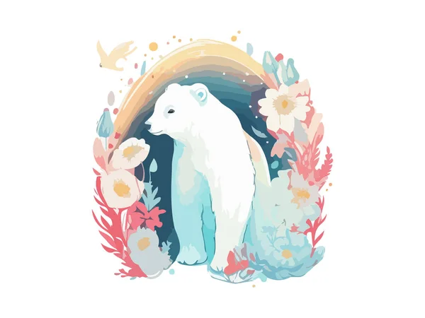 Roztomilý Lední Medvěd Květinovým Akvarel Vektor Ilustrace — Stockový vektor