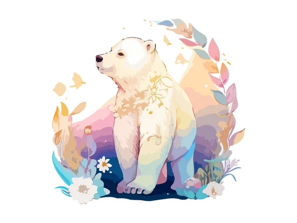 Urso Polar Bonito Com Ilustração Floral Vetor Aquarela — Vetor de Stock