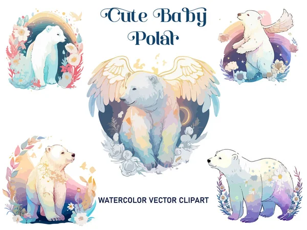带有花卉 水彩画的可爱北极熊 — 图库矢量图片
