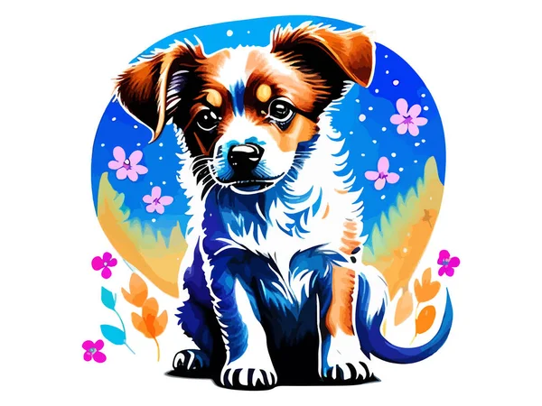 Cute Little Dog Akwarela Stylu Kwiatowym Tle Ilustracji — Wektor stockowy