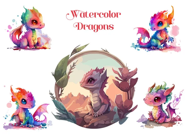 Acuarela Del Dragón Bebé Lindo Dragón Vector Ilustración — Vector de stock