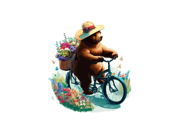 Urso Andando Bicicleta Estrada Floral Rural Isolado Fundo Branco —  Vetores de Stock