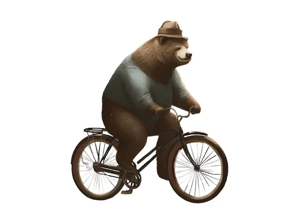 Bear Riding Bike Floral Countryside Road Isolated White Background — Stock Vector