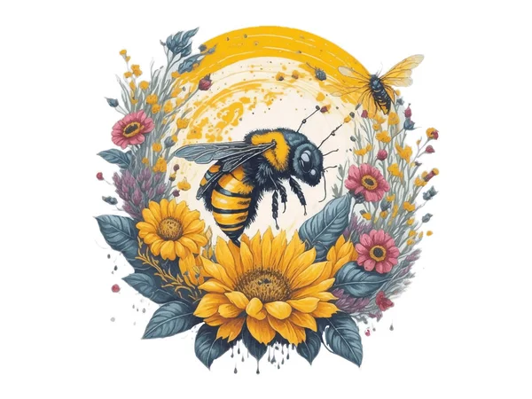 Υδατογραφία Floral Honey Moon Ιπτάμενη Μέλισσα Και Ηλιοτρόπιο Διανυσματική Απεικόνιση — Διανυσματικό Αρχείο