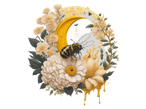 Akvarel Květinový Med Měsíc Létající Včela Slunečnice Vektorové Ilustrace Izolované — Stockový vektor