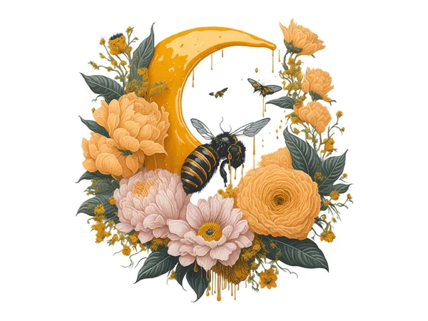 白い背景に隔離された空飛ぶ蜂とひまわりと水彩花蜜ムーン ベクトルイラスト — ストックベクタ